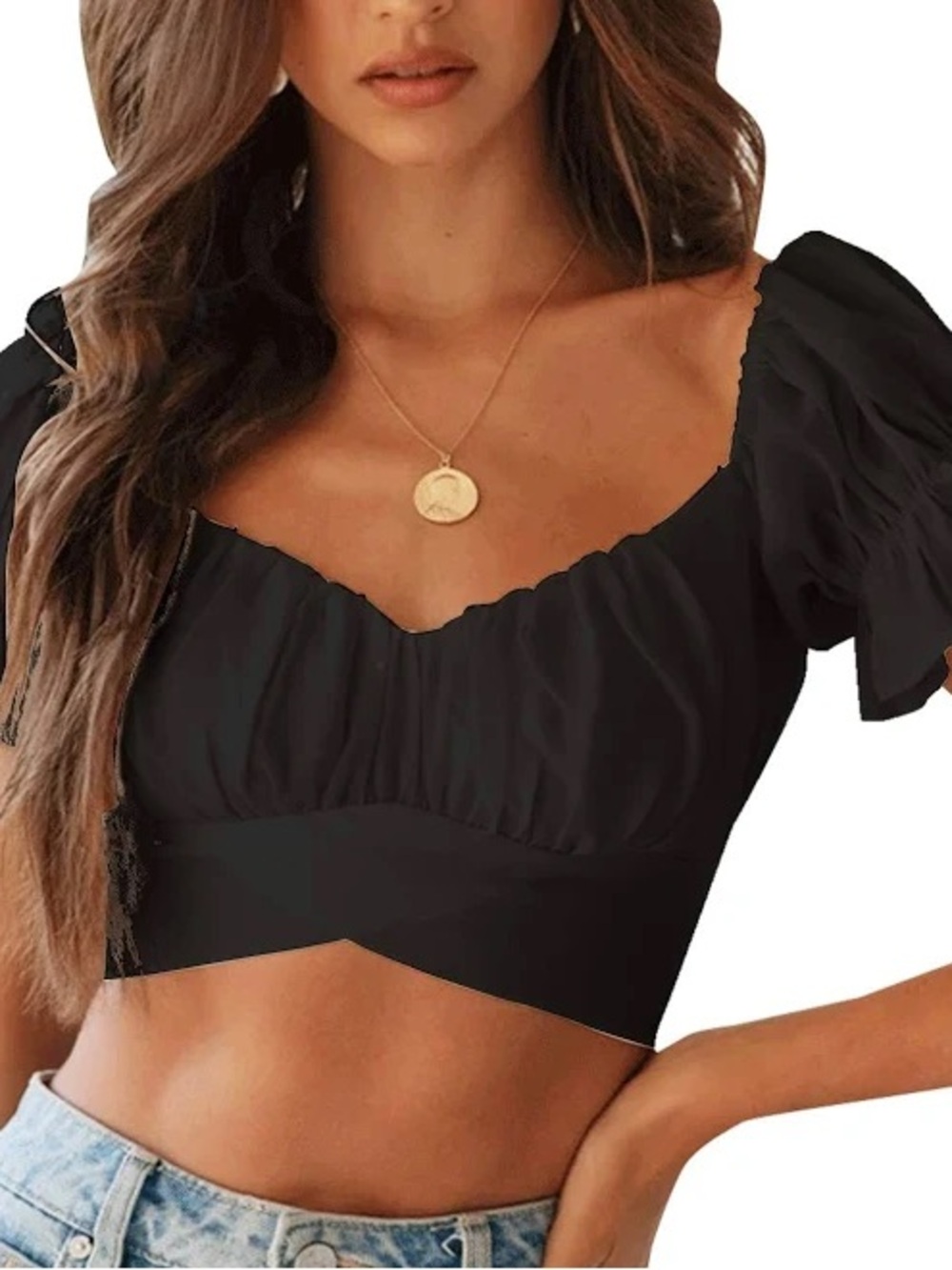 Black Puff-Sleeve Off-Shoulder Tie-Back Crop Top